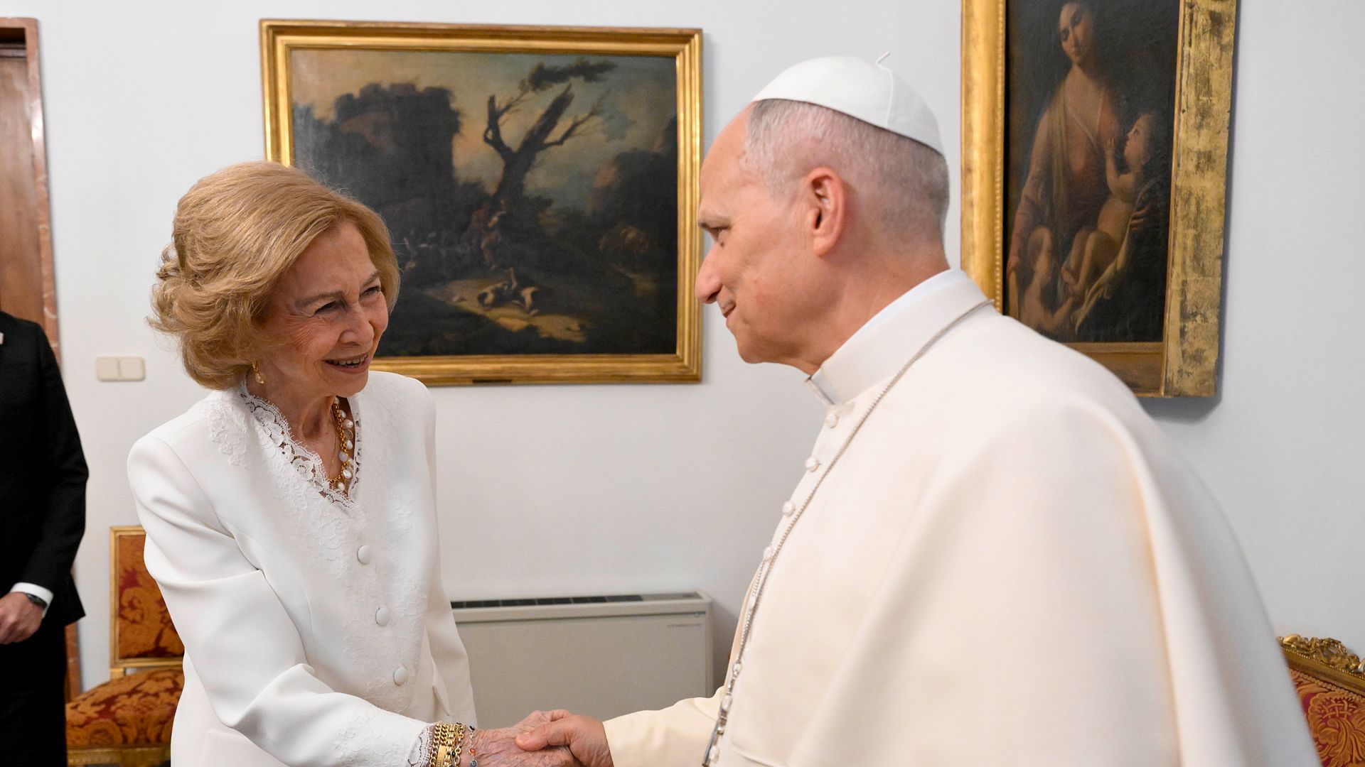 Pope Leo XIV meets with Queen Sofia of Spain at the Apostolic Nunciature on June 08, 2026 in Madrid, Spain