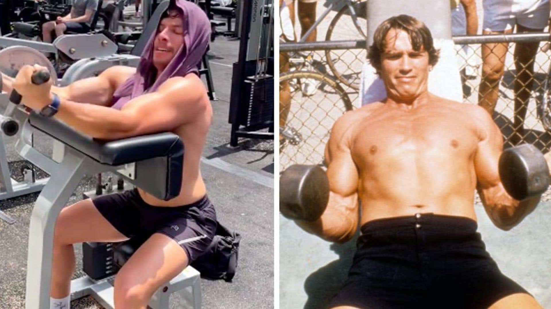 Arnold Schwarzenegger’s son Joseph Baena pumps iron at an outdoor gym like dad in the ‘70s