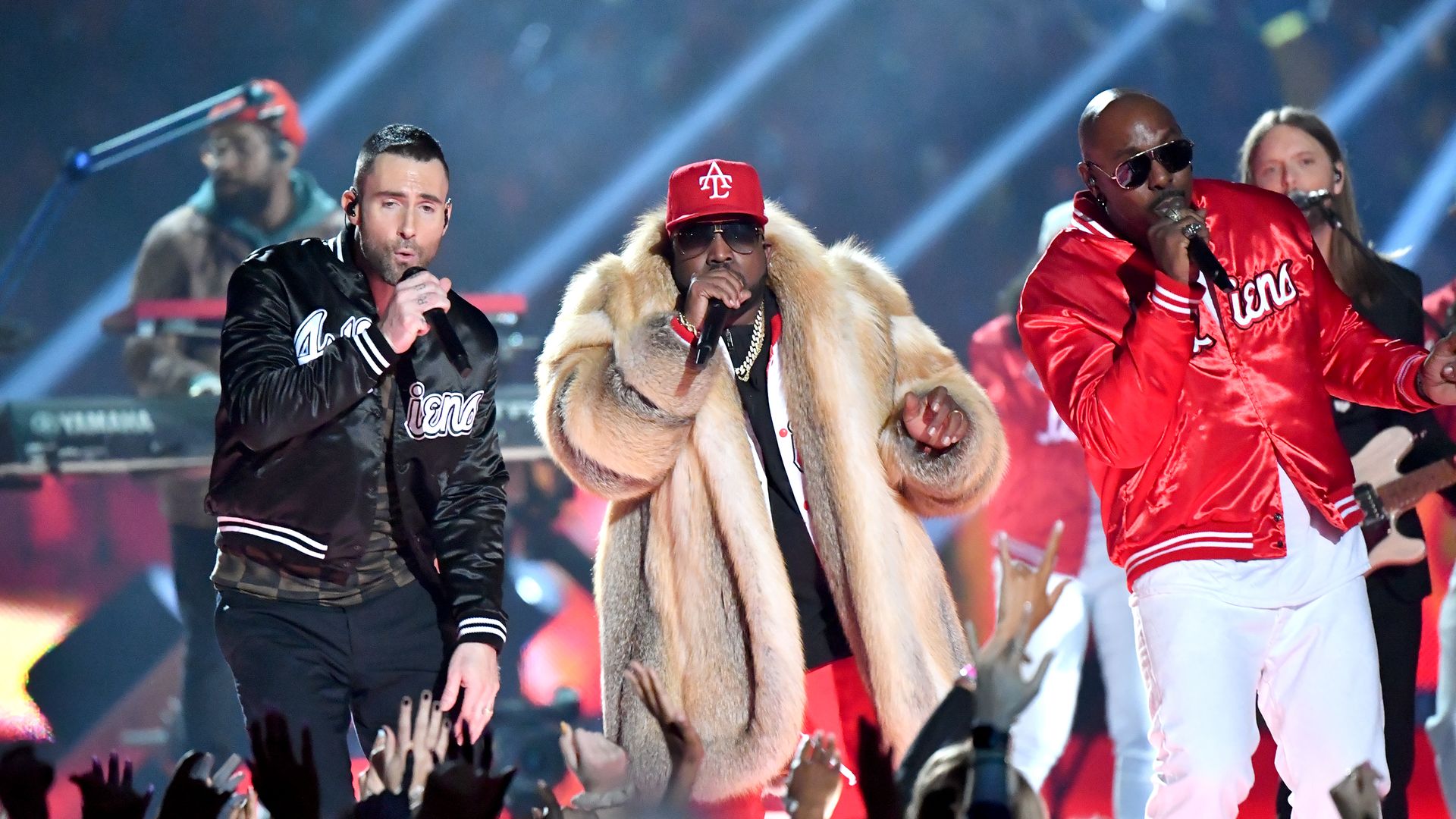 Adam Levine of Maroon 5, Big Boi and Sleepy Brown perform during the Pepsi Super Bowl LIII Halftime Show at Mercedes-Benz Stadium on February 3, 2019 in Atlanta, Georgia. (Photo by Jeff Kravitz/FilmMagic)