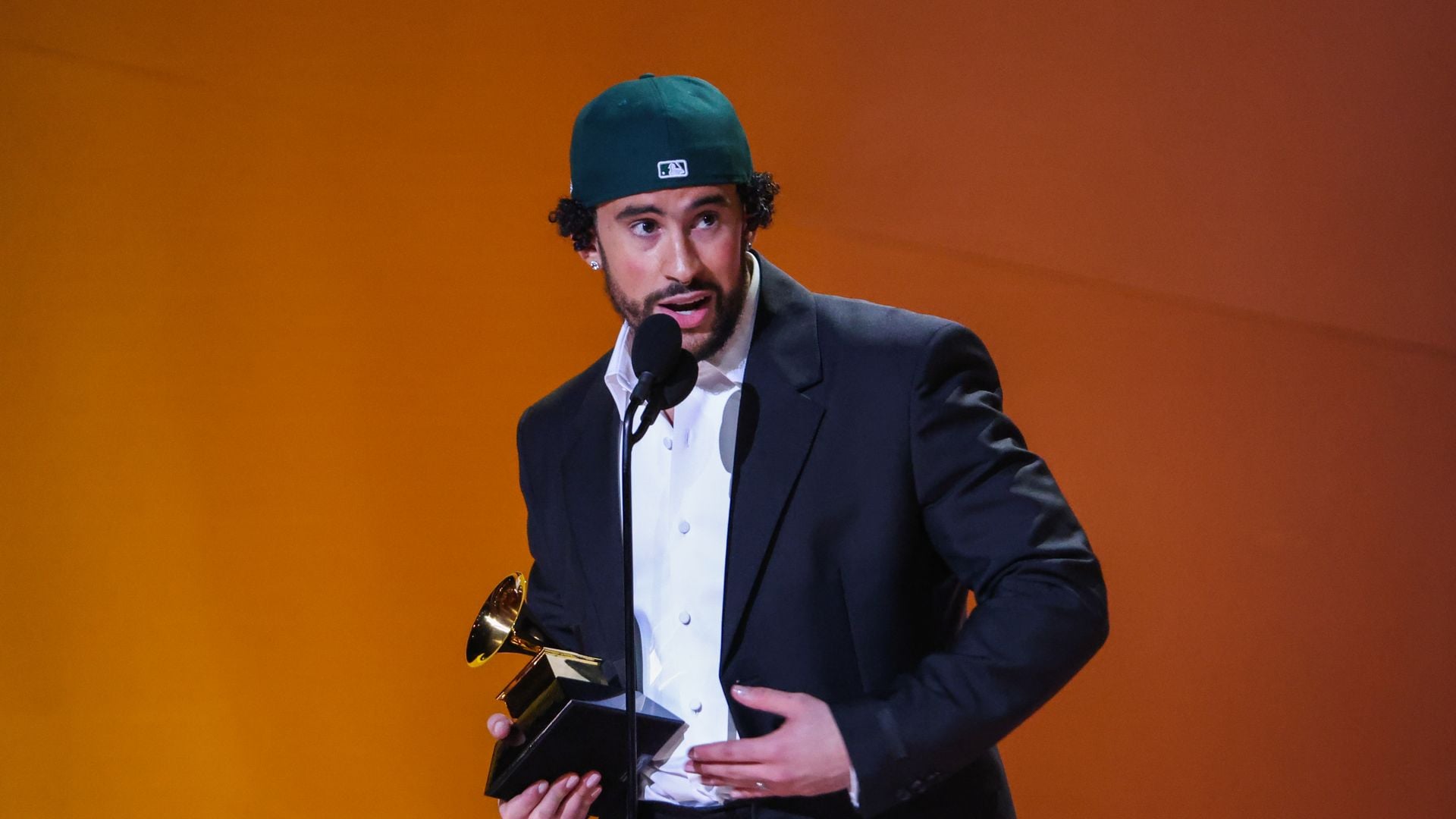 Bad Bunny accepts the award for musica urbana album at the 65th Grammy Awards, held at the Crytpo.com Arena on February 5, 2023. -- (Photo by Robert Gauthier / Los Angeles Times via Getty Images)