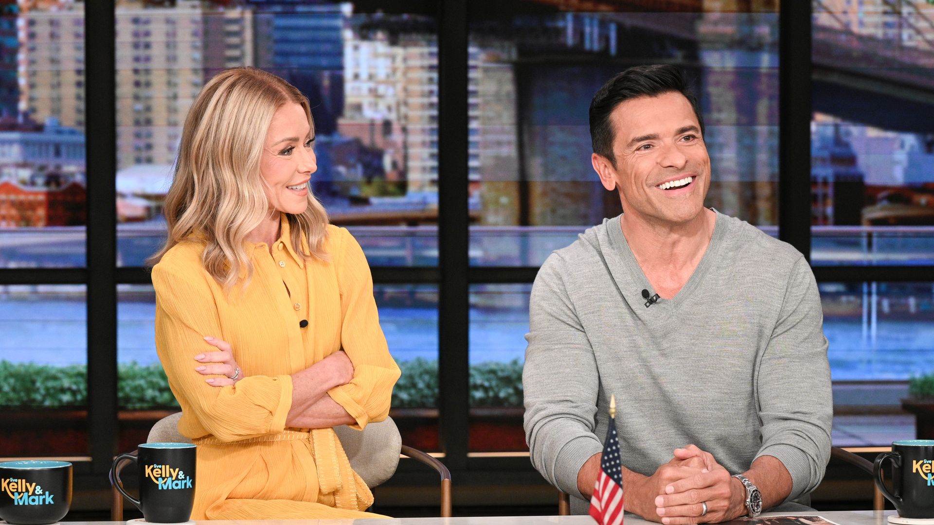 Kelly Ripa and Mark Consuelos co-host "Live with Kelly and Mark", featuring guests Jim Gaffigan and Benjamin Brat, with coverage airing on Wednesday, May 7, 2025. Live with Kelly and Mark airs weekdays on ABC. (Disney/Lorenzo Bevilaqua) KELLY RIPA, MARK CONSUELOS   (Photo by Lorenzo Bevilaqua/Disney via Getty Images)