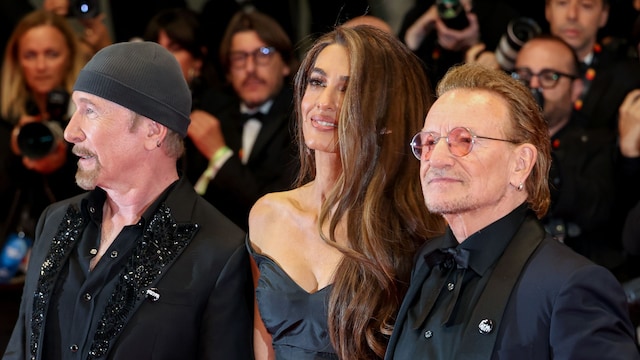 The Edge, Amal Clooney and Bono attend the "Bono: Stories Of Surrender" red carpet at the 78th annual Cannes Film Festival at Palais des Festivals on May 16, 2025 in Cannes, France