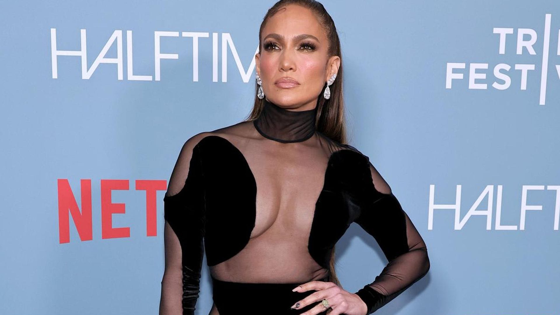 Jennifer Lopez stuns in a sheer black gown at Halftime premiere without Ben Affleck