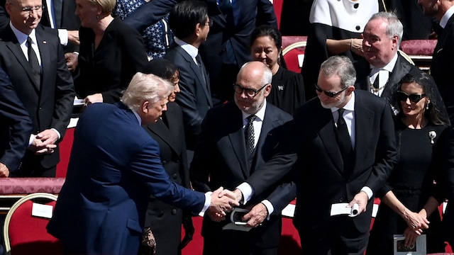 (1st ROW - L TO R) US President Donald Trump and his wife Melania Trump shake hands with Estonia's President Alar Karis and Spain's King Felipe VI and his wife Spain's Queen Letizia, next to (2nd ROW - L TO R) Poland's President Andrzej Duda, Philippines' President Ferdinand Marcos Jr (L4) and First Lady Liza Araneta Marcos during late Pope Francis' funeral ceremony at St Peter's Square in The Vatican on April 26, 2025. 