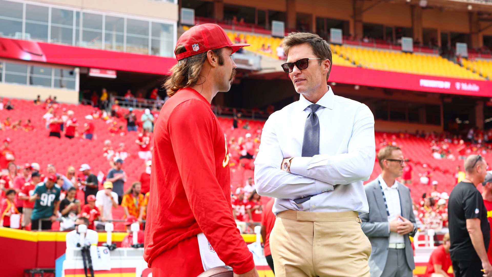 Gardner Minshew #17 of the Kansas City Chiefs talks with Tom Brady prior to the game against the Philadelphia Eagles at Arrowhead Stadium on September 14, 2025 in Kansas City, Missouri. (Photo by Kevin Sabitus/Getty Images)