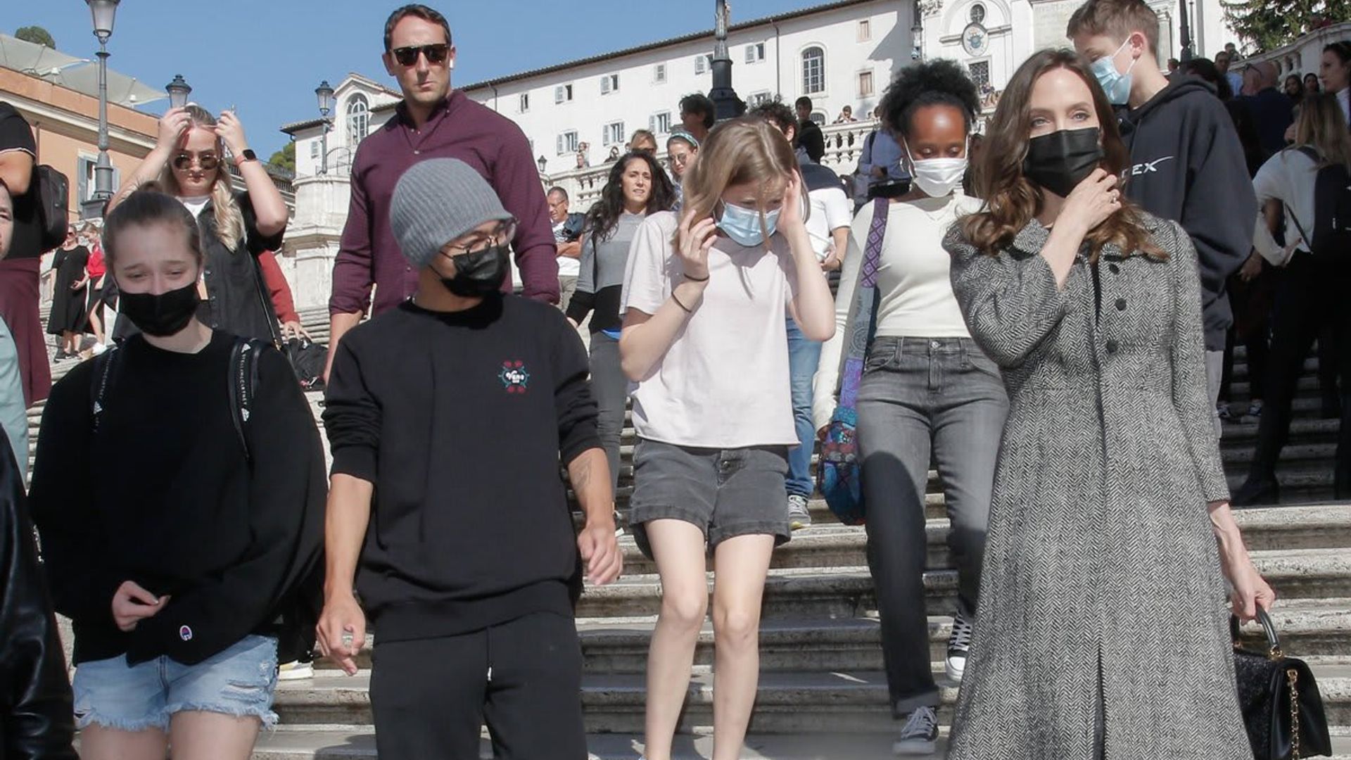 Angelina Jolie and her children explore the Spanish Steps ahead of the 16th Rome Film Fest