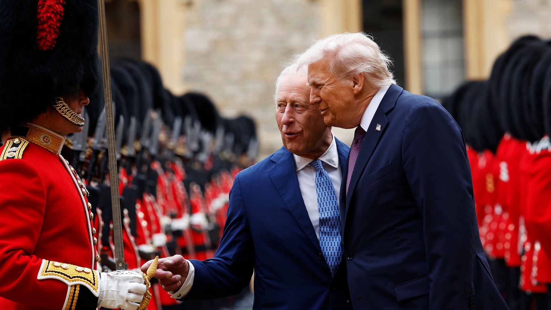 WINDSOR, ENGLAND - SEPTEMBER 17: King Charles III and US President Donald Trump inspect the Guard of Honour during the State visit by the President of the United States of America at Windsor Castle on September 17, 2025 in Windsor, England. (Photo by Anna Moneymaker/Getty Images)