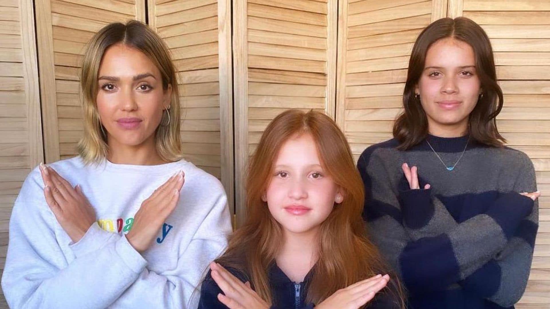 Jessica Alba poses with her daughters Hope and Haven for International Women’s Day