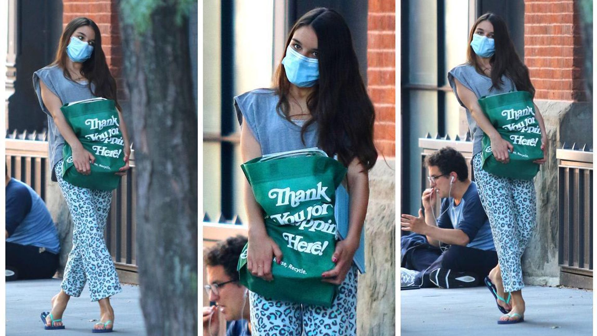 Suri Cruise Beat the Summer Heat in Blue Leopard Print Pants and Flip Flops