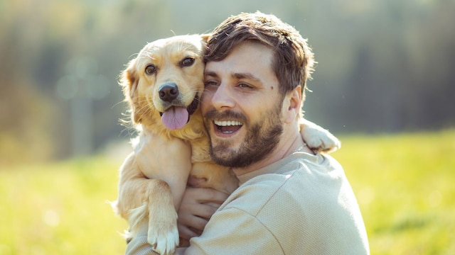 Guy and his dog, golden retriever, nature 