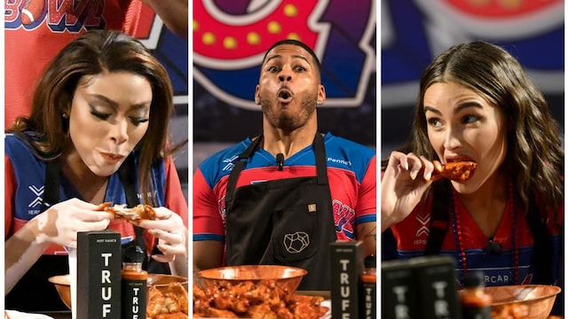 Olivia Culpo, Winnie Harlow, and Nelly competing at the Shaq Bowl hot wing eating contest