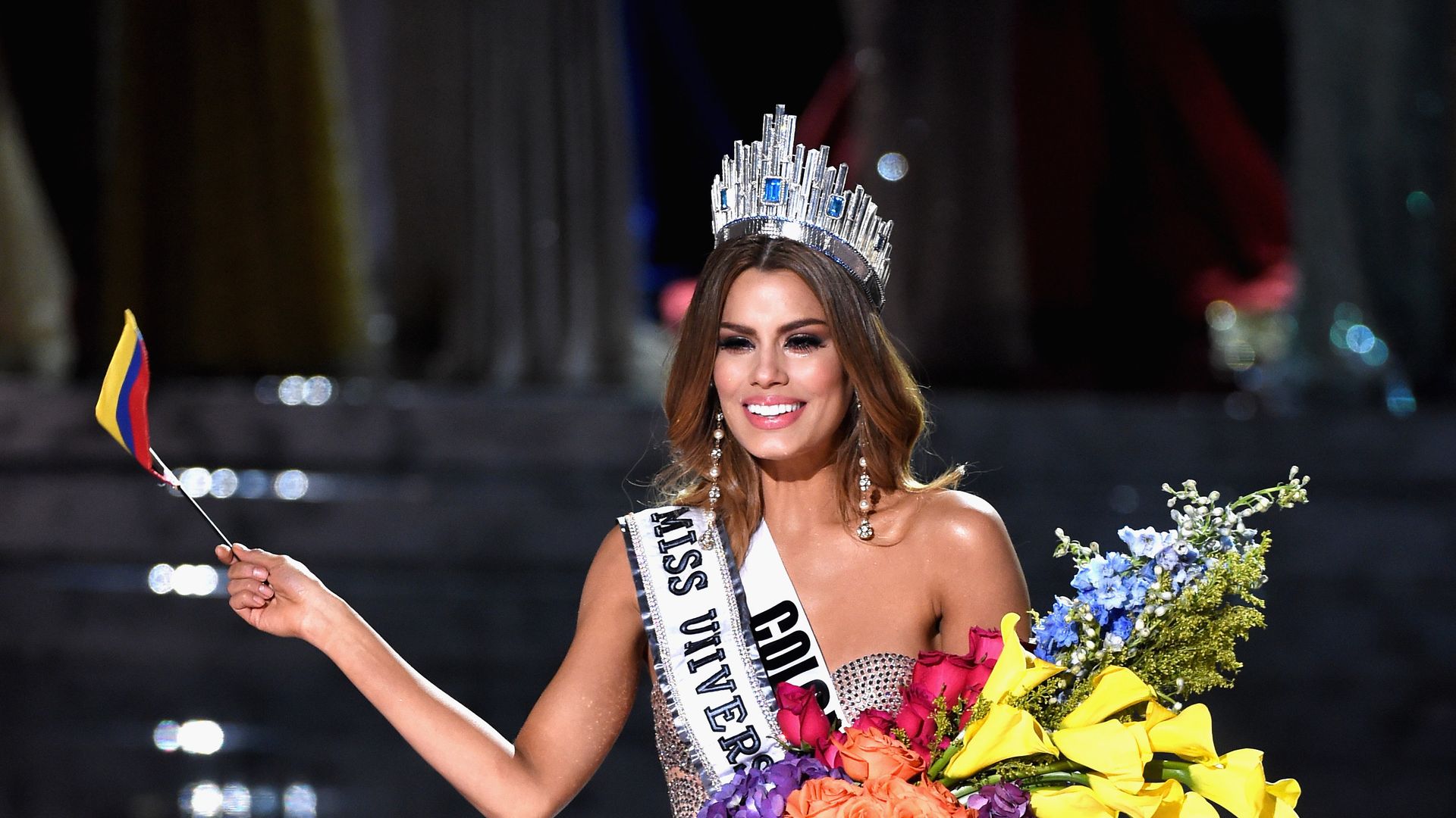 Miss Colombia 2015, Ariadna Gutierrez Arevalo, reacts after being crowned the new Miss Universe when host Steve Harvey mistakenly named her the winner instead of first runner-up during the 2015 Miss Universe Pageant