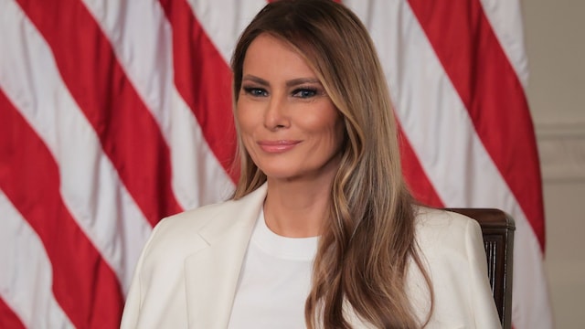 WASHINGTON, DC - MAY 08: U.S. first lady Melania Trump looks on during the unveiling of a U.S. Postal Service stamp honoring former first lady Barbara Bush in the East Room at the White House on May 08, 2025 in Washington, DC. The stamp honors Bush, whose husband was President George H.W. Bush, and son was President George W. Bush. Barbara Bush passed away in 2018 at the age of 92. (Photo by Kayla Bartkowski/Getty Images)