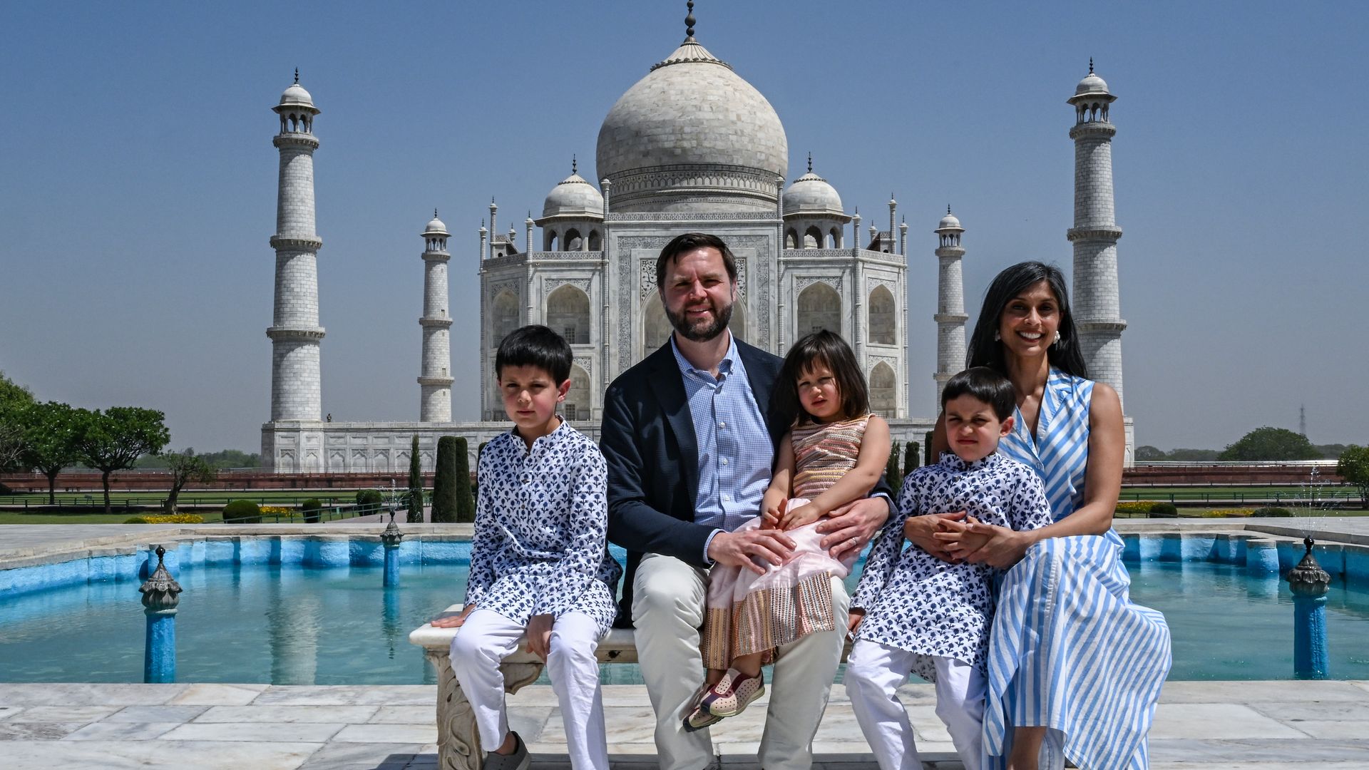 AGRA, INDIA - APRIL 23: U.S. Vice President JD Vance and his family, including wife Usha Vance, visit the Taj Mahal on April 23, 2025 in Agra, India. Vance and Indian Prime Minister Narendra Modi yesterday indicated progress had been made in talks for a trade deal between the two countries as New Delhi attempts to boosts ties with the Trump administration and avoid steep U.S. tariffs. (Photo Kenny Holston - Pool/Getty Images)
