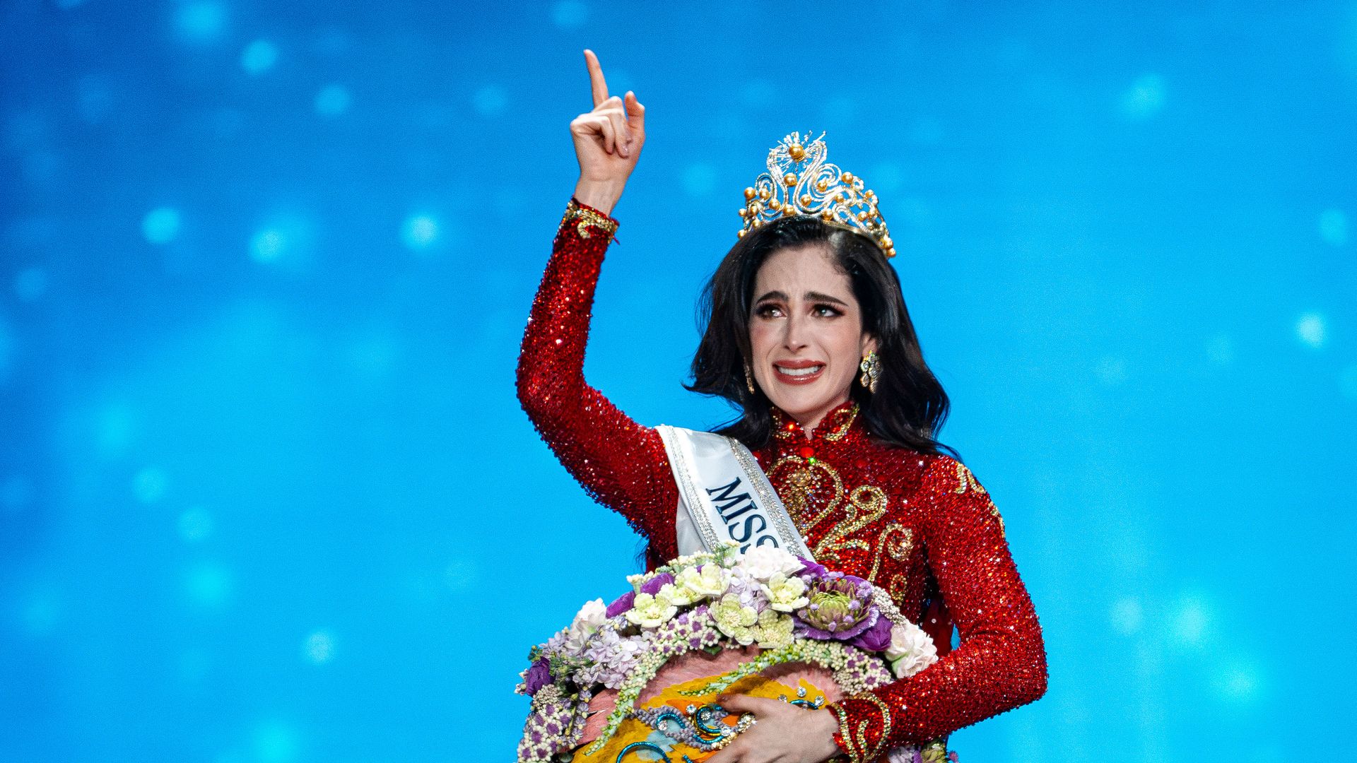 Fatima Bosch FernÃ¡ndez of Mexico (Center) is celebrated after winning the title of Miss Universe 2025 (74th edition) at the final competition held at IMPACT Challenger Hall 2 in Nonthaburi, Thailand. The new queen from Mexico claimed the crown, while the representative of the host country, Veena Praveenar Singh from Thailand, achieved the remarkable position of 1st Runner-Up. The Miss Universe 2025 (74th edition) pageant showcased a massive field of talent, with a total of 120 beautiful contestants from around the world participating in the competition. (Photo by Arnun Chonmahatrakool/Thai News Pix/LightRocket via Getty Images)
