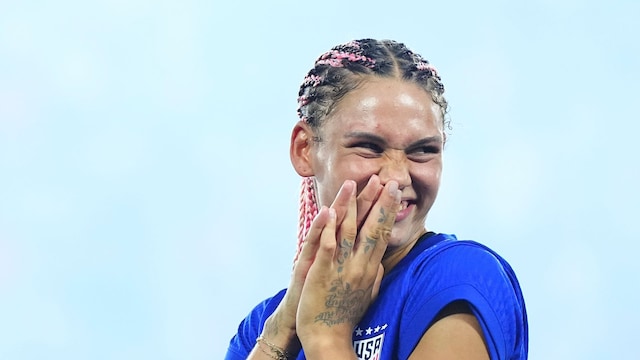 WASHINGTON, DC - JULY 16: Trinity Rodman #5 of the United States reacts after the international friendly against Costa Rica at Audi Field on July 16, 2024 in Washington, DC. (Photo by Mitchell Leff/Getty Images)  