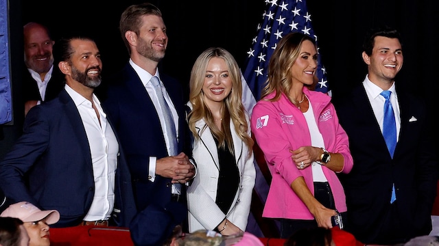 READING, PENNSYLVANIA - NOVEMBER 04: Republican presidential nominee, former President Donald Trump's children (L-R) Donald Trump Jr., Eric Trump, Tiffany Trump, Eric's wife and RNC Co-chair Lara Trump and Tiffany's husband Michael Boulos join a campaign rally at the Santander Arena on November 04, 2024 in Reading, Pennsylvania. With one day left before the general election, Trump is campaigning for re-election in the battleground states of North Carolina, Pennsylvania and Michigan. (Photo by Chip Somodevilla/Getty Images)