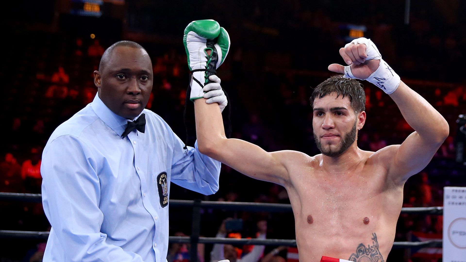 Prichard Colon celebrates his win over Daniel Calzada during the Premier Boxing Champions Junior Middleweight bout at Barclays Center on April 11, 2015 in the Brooklyn borough of New York City. (Photo by Elsa/Getty Images)