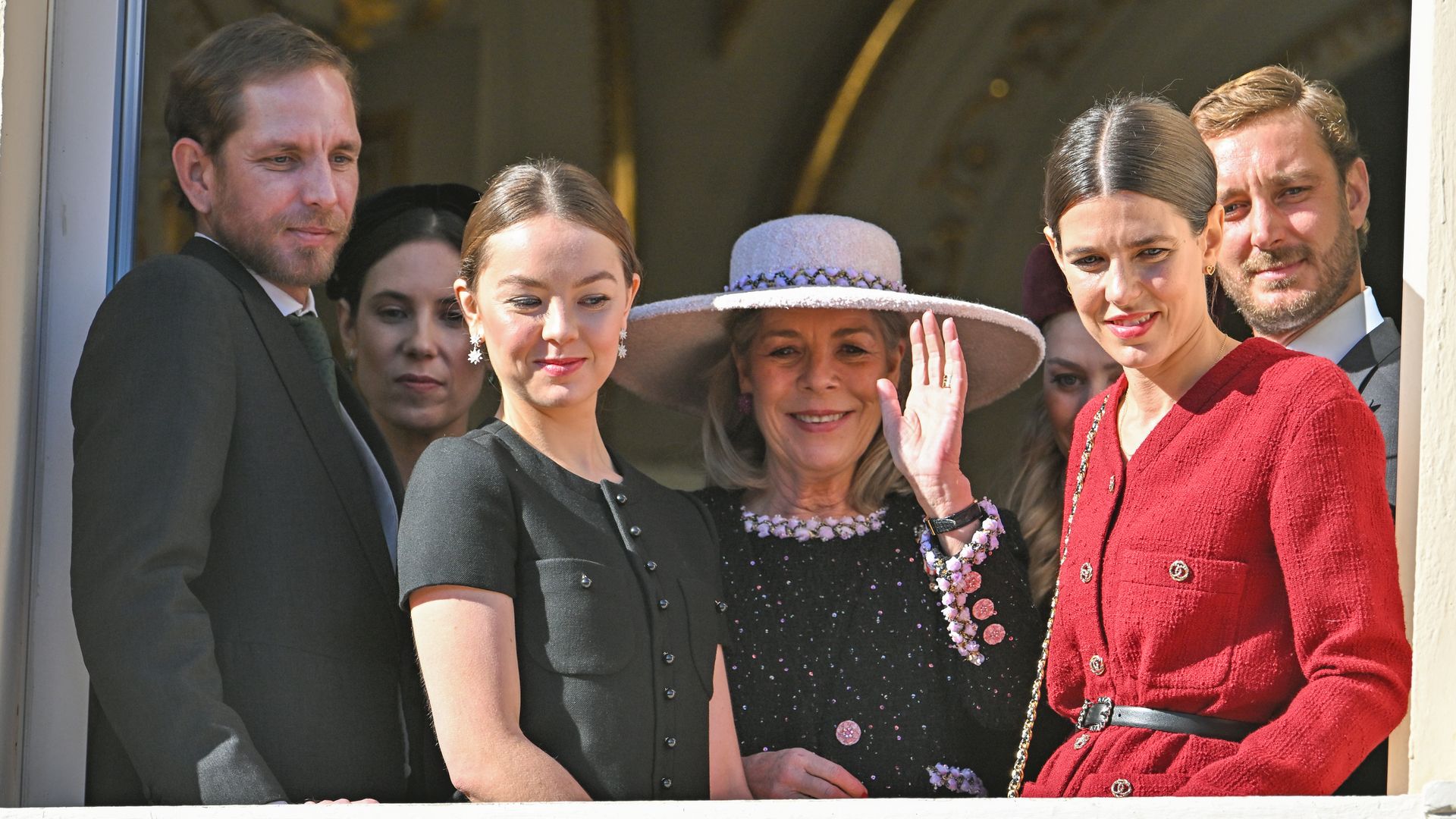 MONACO, MONACO - NOVEMBER 19: (EDITOR'S NOTE : NO TABLOIDS WEB & PRINT, NO DAILY MAIL, NO DAILY MAIL GROUP, NO VOICI, NO CLOSER) Andrea Casiraghi, Princess Alexandra of Hanover, Princess Caroline of Monaco, Charlotte Casiraghi and Pierre Casiraghi attend the Monaco National Day 2023 on November 19, 2023 in Monaco, Monaco. (Photo by Stephane Cardinale - Corbis/Corbis via Getty Images)