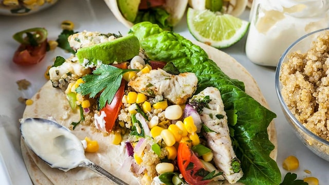 Fish tacos with couscous and corn salsa