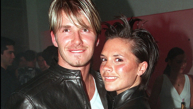 David Beckham and wife Victoria Beckham attend the Versace Store opening party in 1999