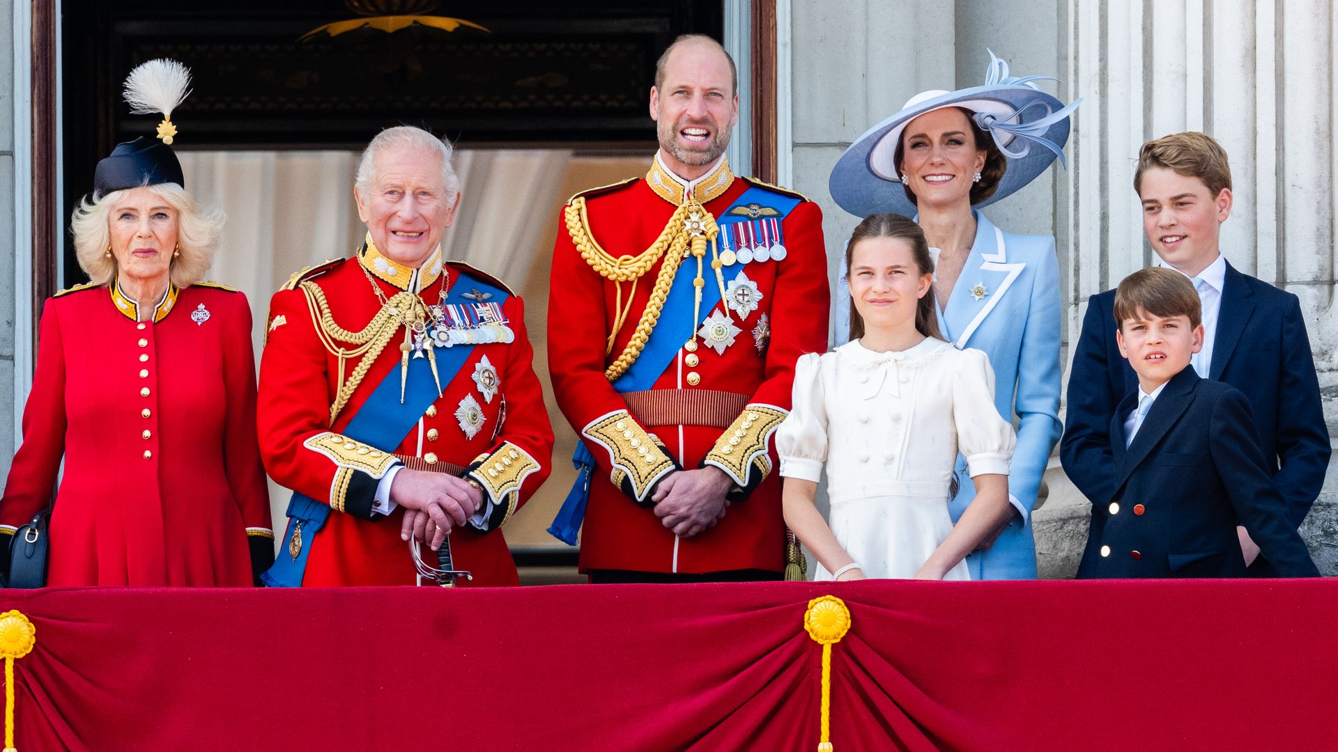 King Charles and Queen Camilla coordinate in bold red alongside Kate  Middleton at Trooping the Colour