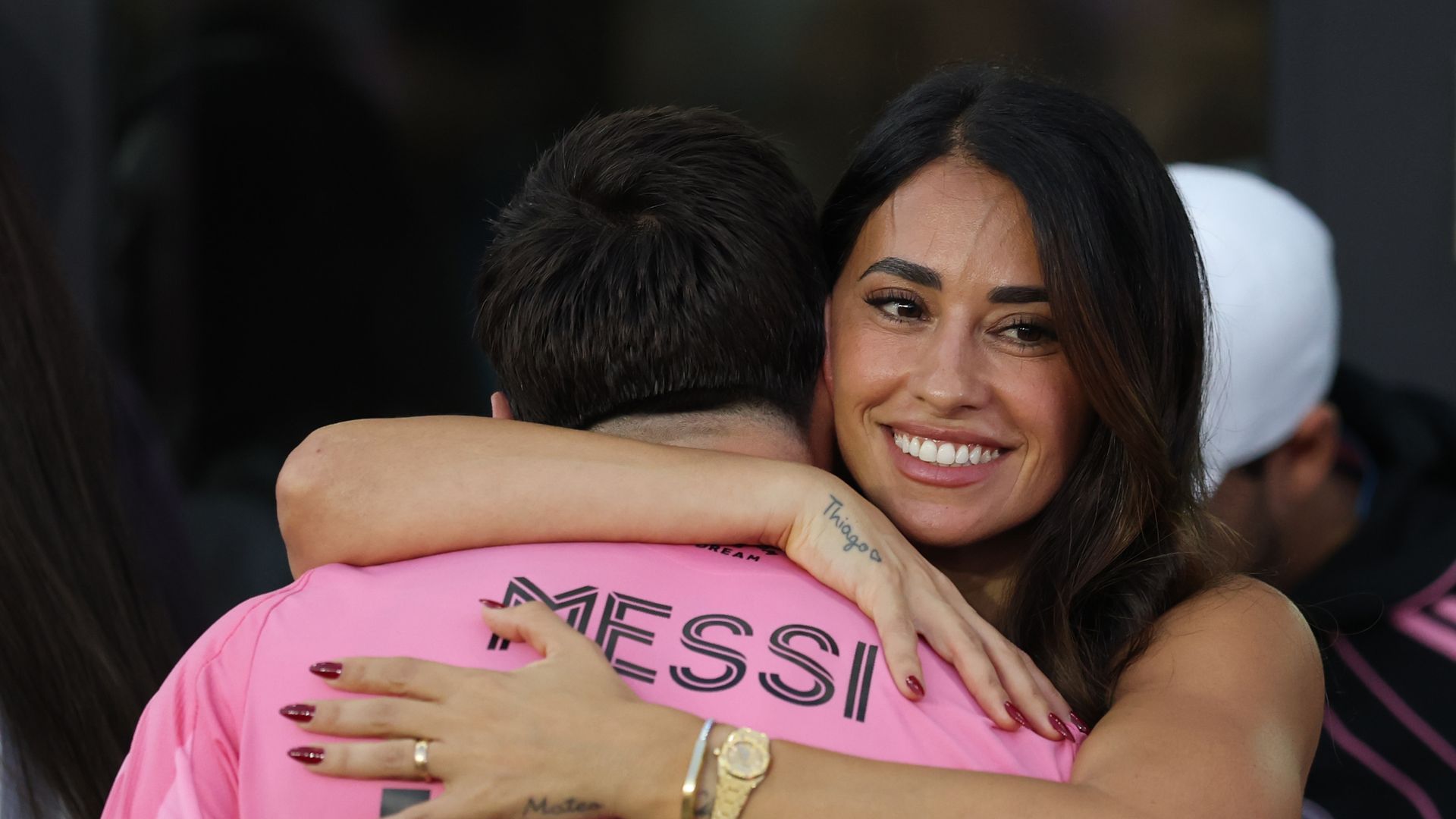 FORT LAUDERDALE, FLORIDA - DECEMBER 06: Lionel Messi #10 of Inter Miami CF hugs Antonella Rocuzzo after winning the Championship following the Audi 2025 MLS Cup Final match between Inter Miami CF and Vancouver Whitecaps FC at Chase Stadium on December 06, 2025 in Fort Lauderdale, Florida. (Photo by Maddie Meyer/Getty Images)