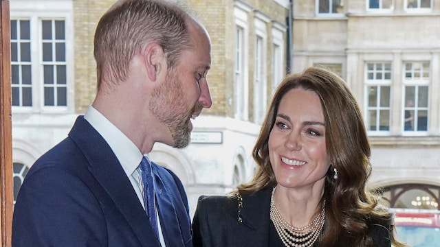 Britain's Prince William, Prince of Wales (L) and Britain's Catherine, Princess of Wales (C) arrive to attend a ceremony to commemorate Holocaust Memorial Day and the 80th anniversary of the liberation of Auschwitz-Birkenau at the Guildhall in London on January 27, 2025. Holocaust Memorial Day is an internationally recognised date to remember the six million Jews murdered during the Holocaust, the millions of people killed under Nazi persecution and those killed in subsequent genocides. (Photo by Arthur Edwards / POOL / AFP) (Photo by ARTHUR EDWARDS/POOL/AFP via Getty Images)