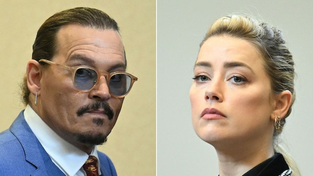 (COMBO) This combination of pictures created on June 1, 2022 shows US Actor Johnny Depp (L) attending the trial at the Fairfax County Circuit Courthouse in Fairfax, Virginia, on May 24, 2022 and US actress Amber Heard looking on in the courtroom at the Fairfax County Circuit Courthouse in Fairfax, Virginia, on May 24, 2022. 
