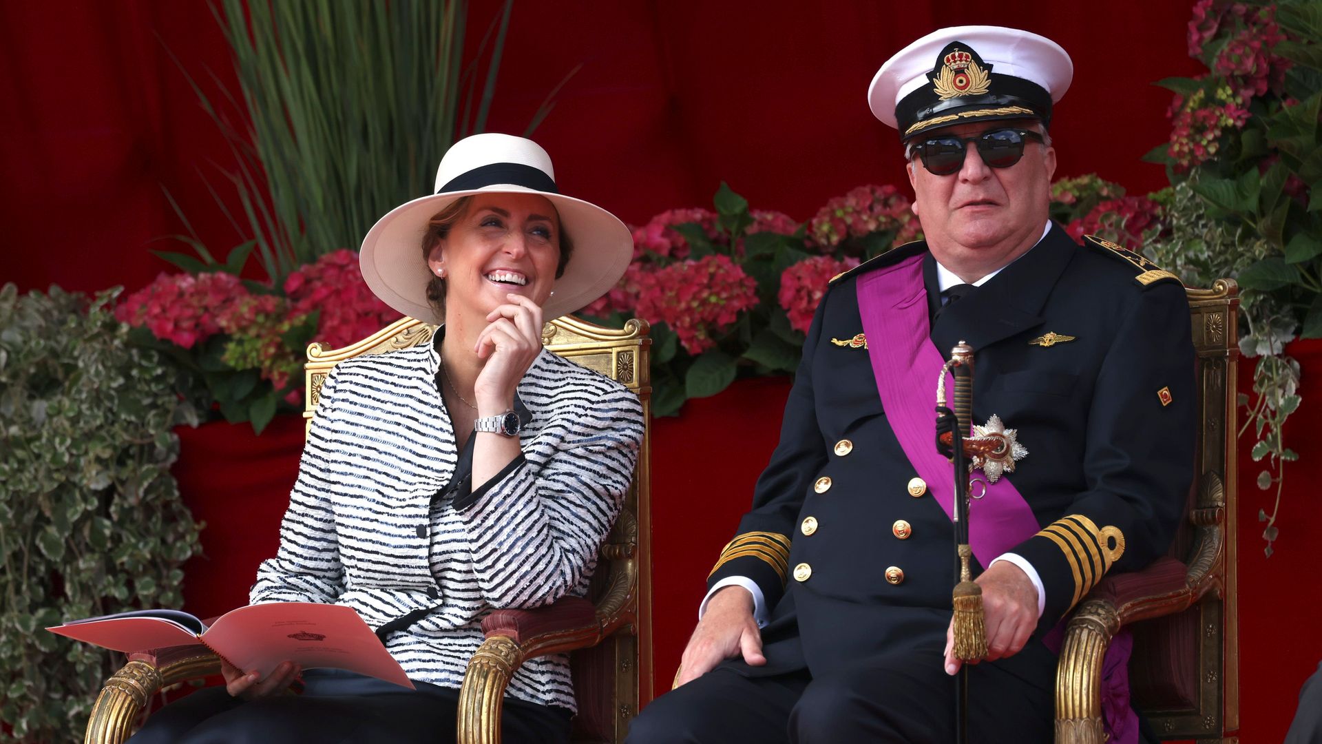 Princess Claire of Belgium and Prince Laurent of Belgium during the military and civilian parade for the national Day 2025 on the Place des Palais - Paleizenplein pictured on July 21, 2025 in Brussels