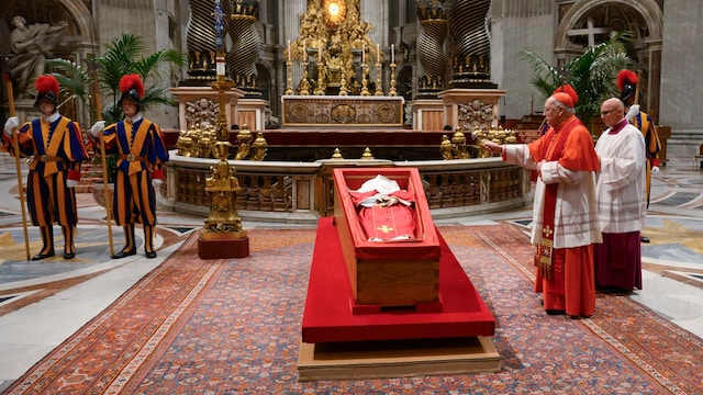 Cardinal Kevin Farrell presides in St. Peter's Basilica at the Rite of Sealing of the Coffin of the late Pope Francis, ahead of the papal funeral on Saturday morning, on April 25, 2025, in Vatican City, Vatican. 