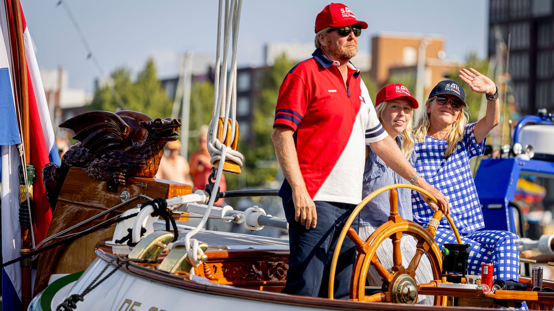 King Willem-Alexander of the Netherlands, Princess Mabel of the Netherlands, and Countess Luana of the Netherlands sail on the Groene Draeck ship during Sail Amsterdam on August 20, 2025 in Amsterdam, Netherlands. 