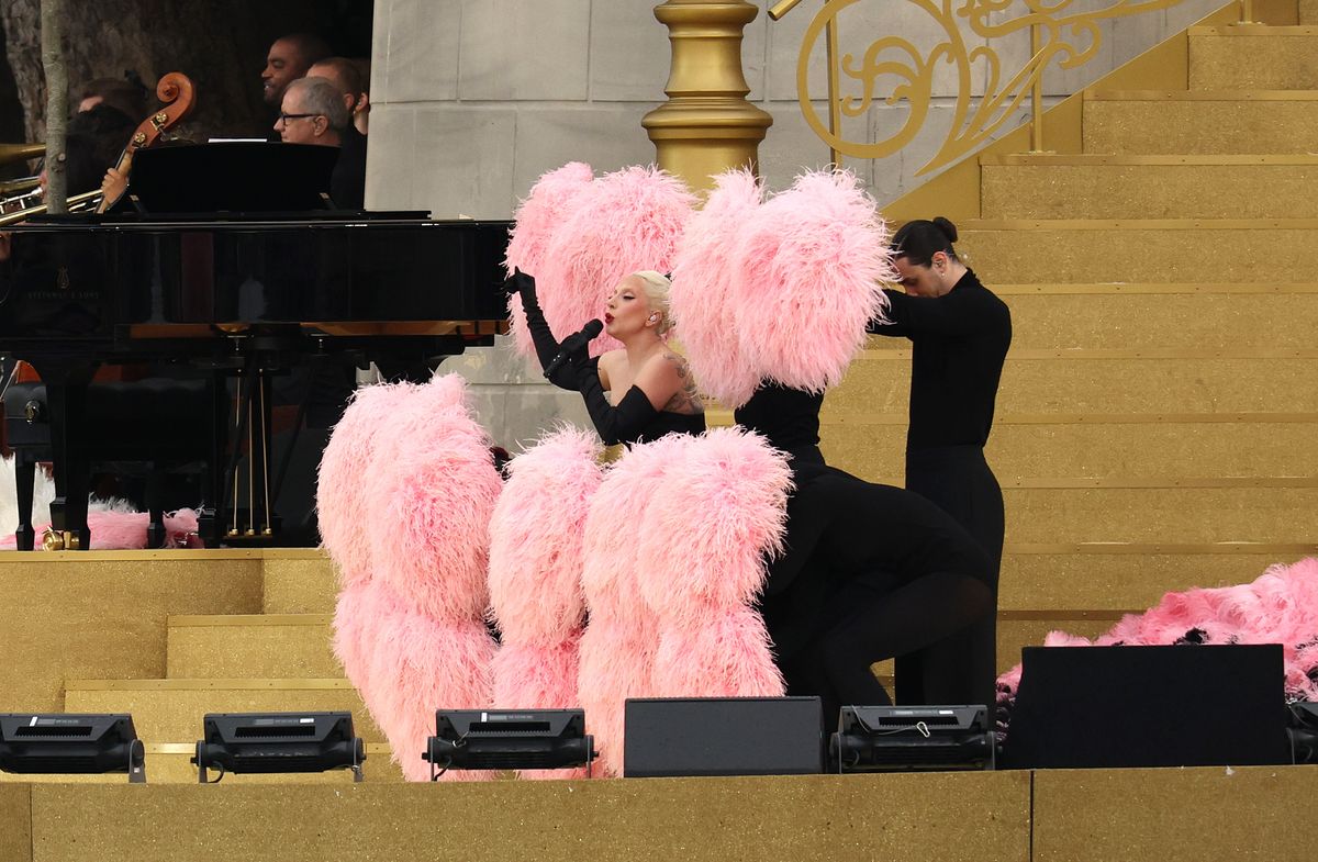  American singer-songwriter Lady Gaga performs at Square Barye during the athlete's parade on the River Seine during the opening ceremony of the Olympic Games in Paris, 2024, on July 26, 2024, in Paris, France. 