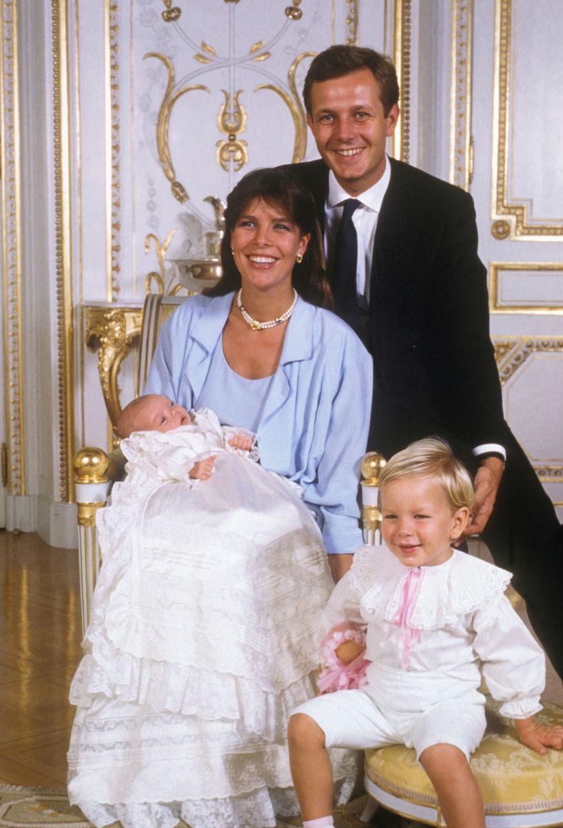 Charlotte Casiraghi at her christening in Monaco on September 21, 1986, with her parents, Princess Caroline of Monaco and Stefano Casiraghi. Her older brother Andrea, the couple’s eldest child, is pictured at right.