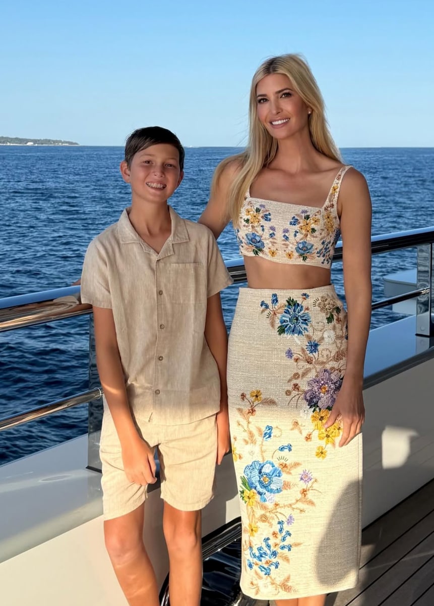 Ivanka posed in a cream-toned, floral-embroidered crop top and matching midi skirt, while Joseph coordinated in a beige linen set.