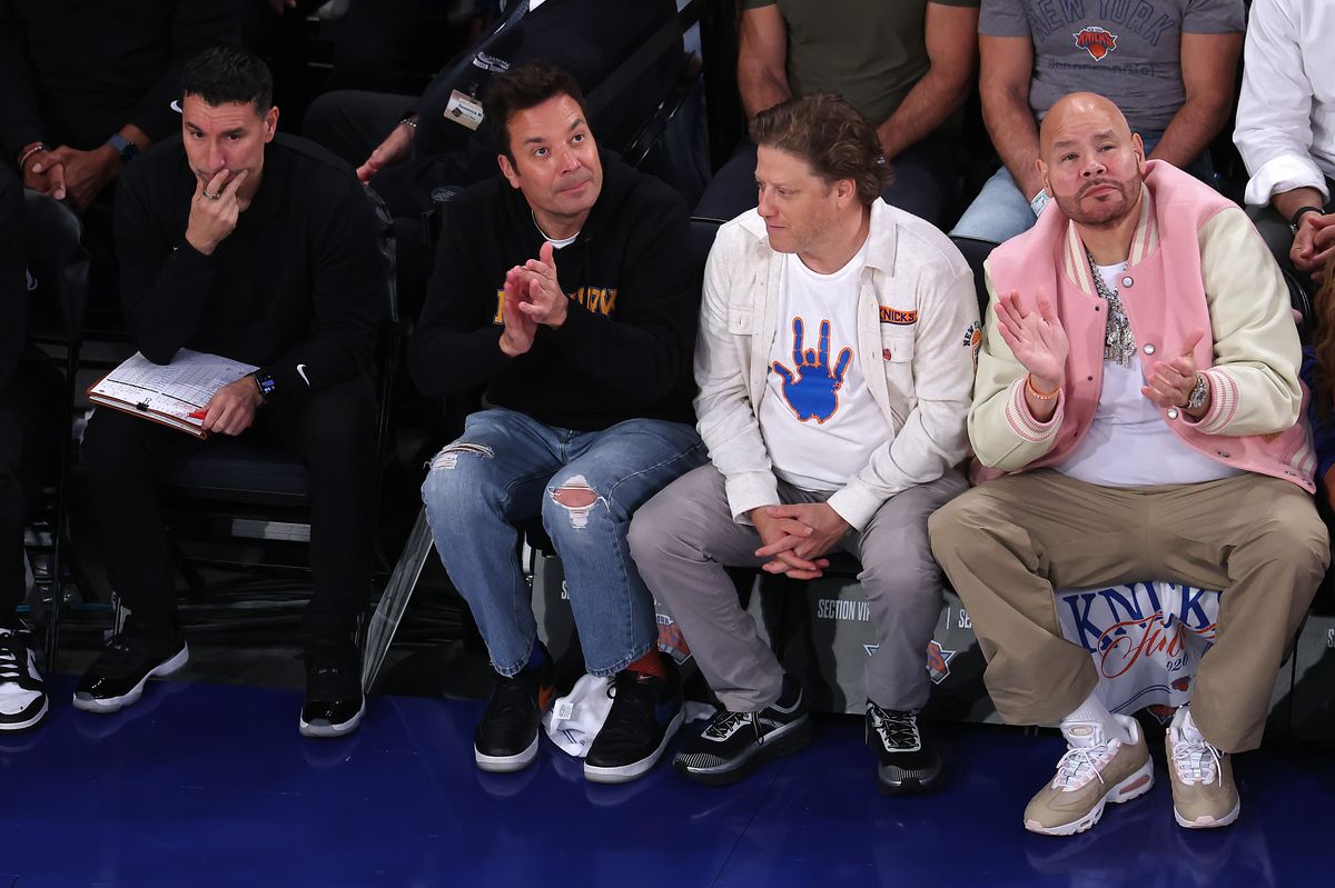 Jimmie Fallon and Fat Joe attend Game Four of the 2026 NBA Finals between the San Antonio Spurs and the New York Knicks at Madison Square Garden on June 10, 2026 in New York