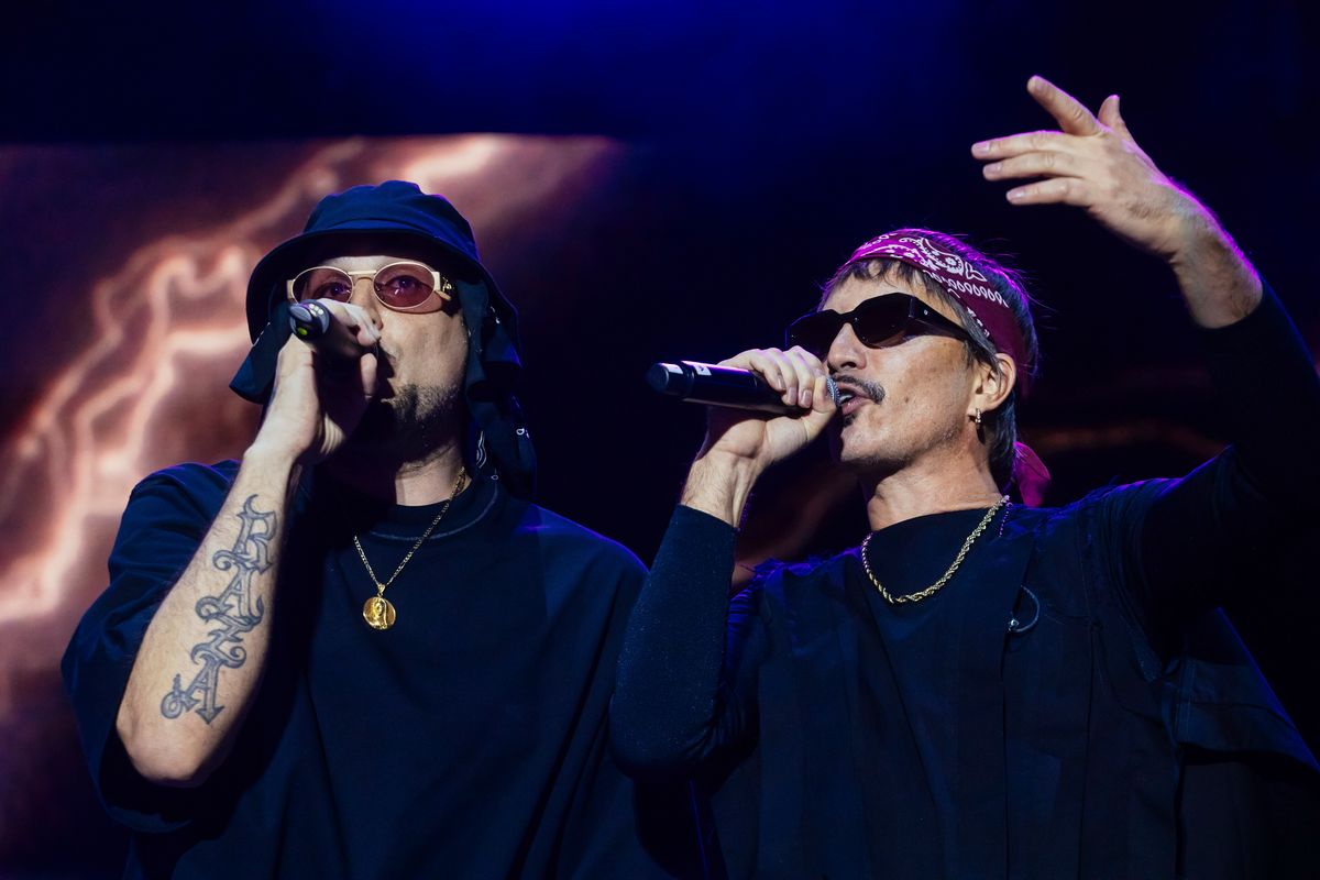 MEXICO CITY, MEXICO - MARCH 15: Dante Spinetta and Emmanuel Horvilleur of Illya Kuryaki and the Valderramas band performs during Vive Latino 2026 at Foro GNP Seguros on March 15, 2026 in Mexico City, Mexico.  (Photo by Medios y Media/Getty Images) 