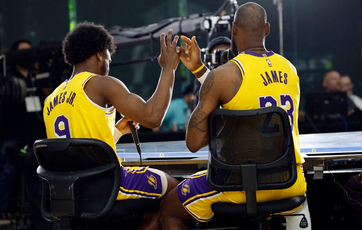 LeBron James #23 of the Los Angeles Lakers and his son Bronny James Jr. #9 attend the Los Angeles Lakers media day at UCLA Health Training Center on September 30, 2024 