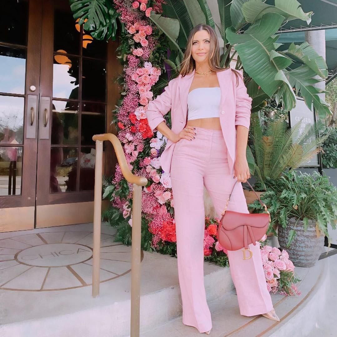 Chiquinquira Delgado in a pink suit with a bandeau style top