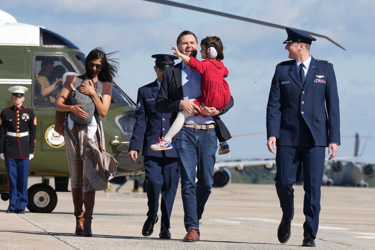 Vice President JD Vance walks with second lady Usha Vance and children Mirabel Vance and Alec Vance before boarding Air Force Two on October 5, 2026 at Joint Base Andrews, Maryland.