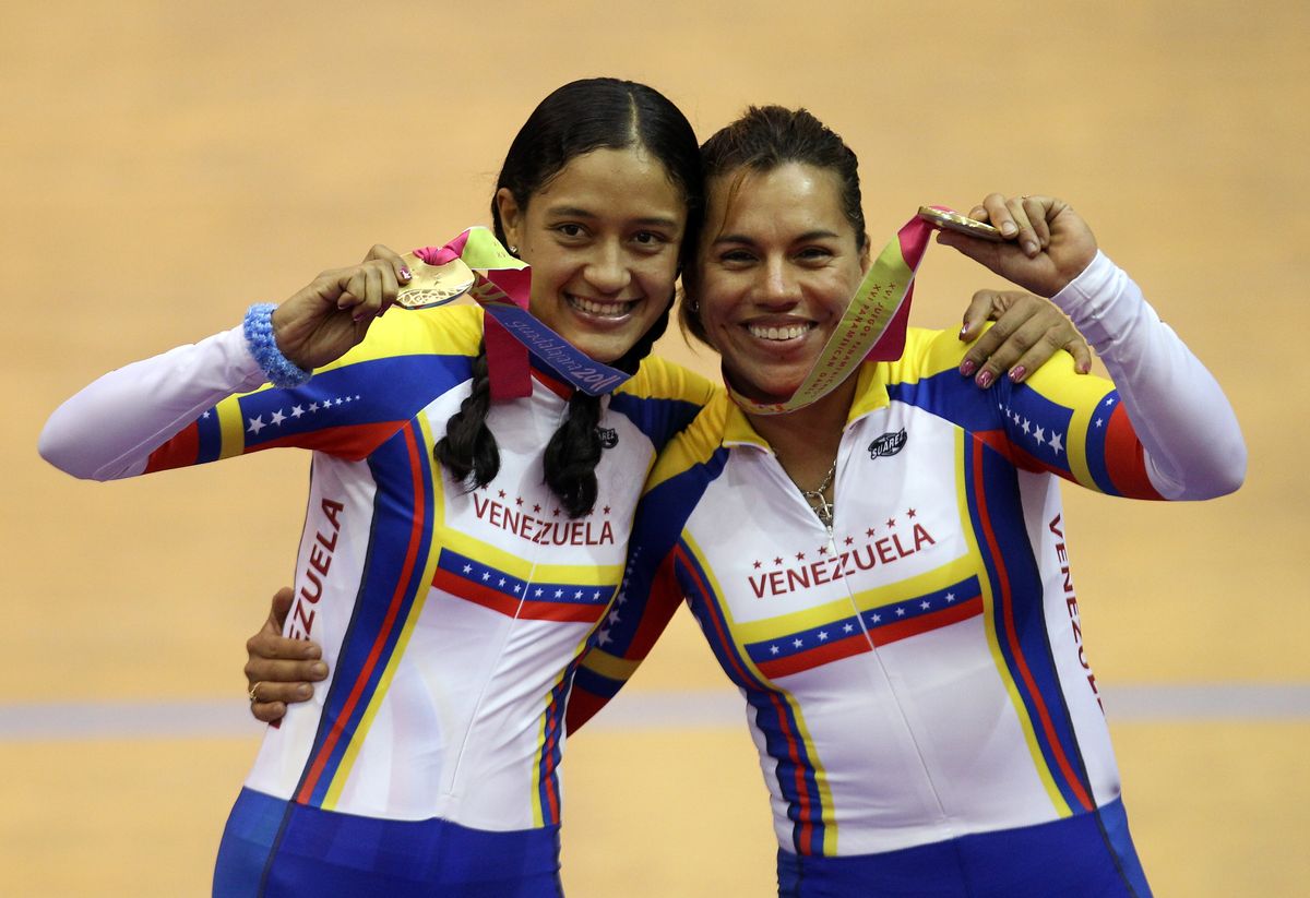 Mariestela Vilera (L) and Daniela Larreal of Venezuela on the podium after their victory in the Women's Team Sprint Final at the PanAmerican Velodrome during Day Three of the XVI Pan American Games on October 17, 2011 in Guadalajara, Mexico.  (Photo by Scott Heavey/Getty Images)
