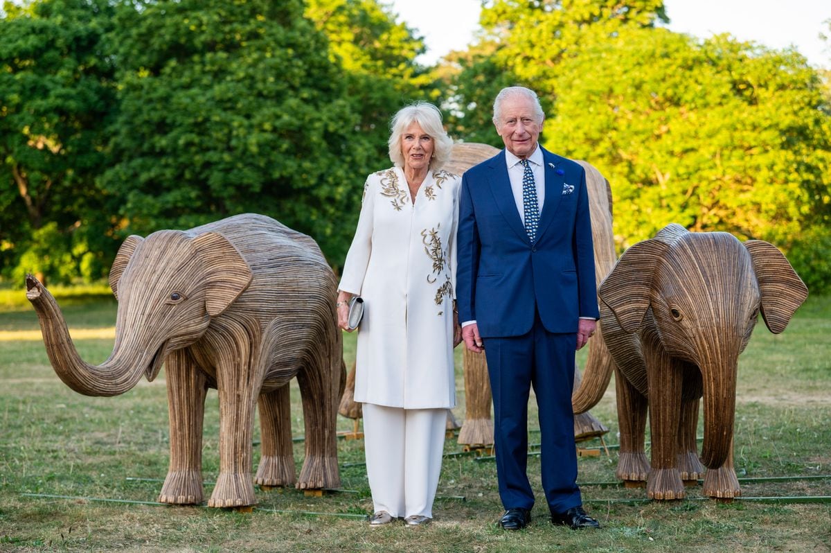 LONDON, ENGLAND - MAY 13: Queen Camilla and King Charles III attend The Elephant Family Evening of Art and Conservation at Kew Gardens on May 13, 2025 in London, England. The Elephant Family was founded by Her Majestyâs brother, the late Mark Shand, in 2002, and is known for vibrant campaigns like the Big Egg Hunt, delivered in partnership with Clarence Court, which saw more than 120 giant egg sculptures displayed across London as part of a free public art trail last month. His Majesty The King has also been Patron of Royal Botanic Gardens Kew, since 2016. (Photo by Ben Montgomery/Getty Images)