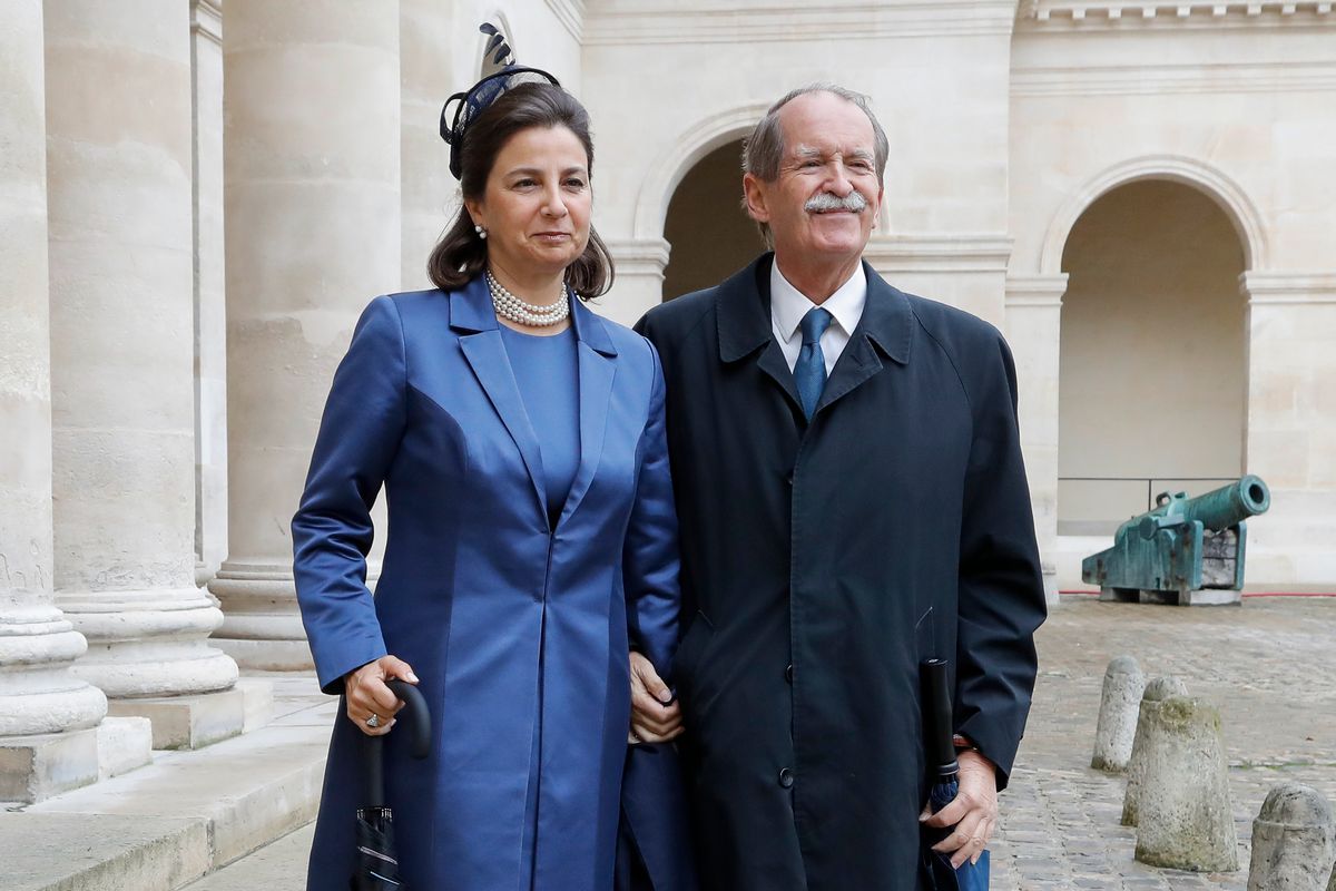 Portugal's Duke of Braganza Duarte Pio and Isabel de Heredia arrive to at the wedding of Prince Napoleon and Countess Olympia Arco-Zinneberg in 2019