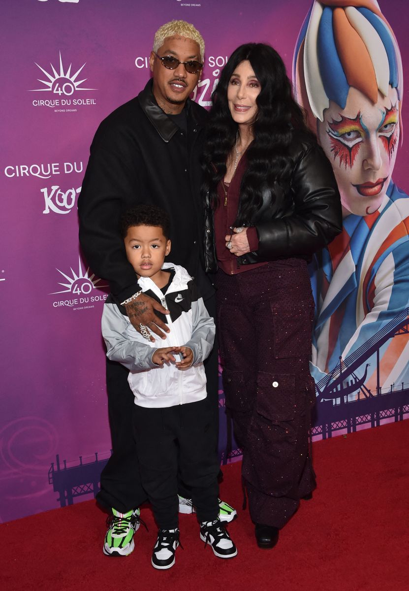 Cher (R), boyfriend US rapper Alexander Edwards and his son Slash attend Cirque du Soleil's KOOZA red carpet premiere 