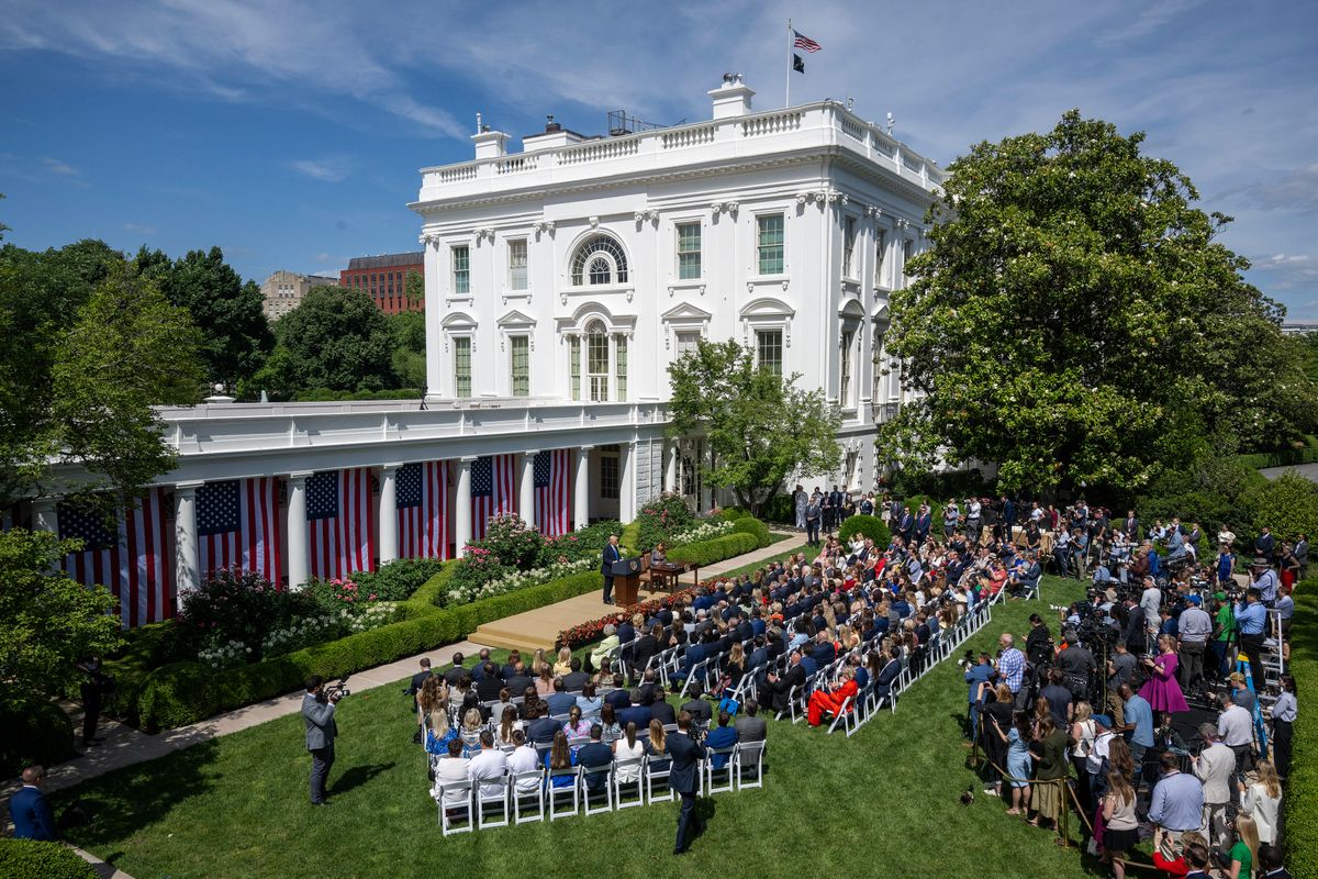Donald Trump speaks before signing the "Take It Down Act" during a bill signing ceremony in the Rose Garden of the White House before construction began.