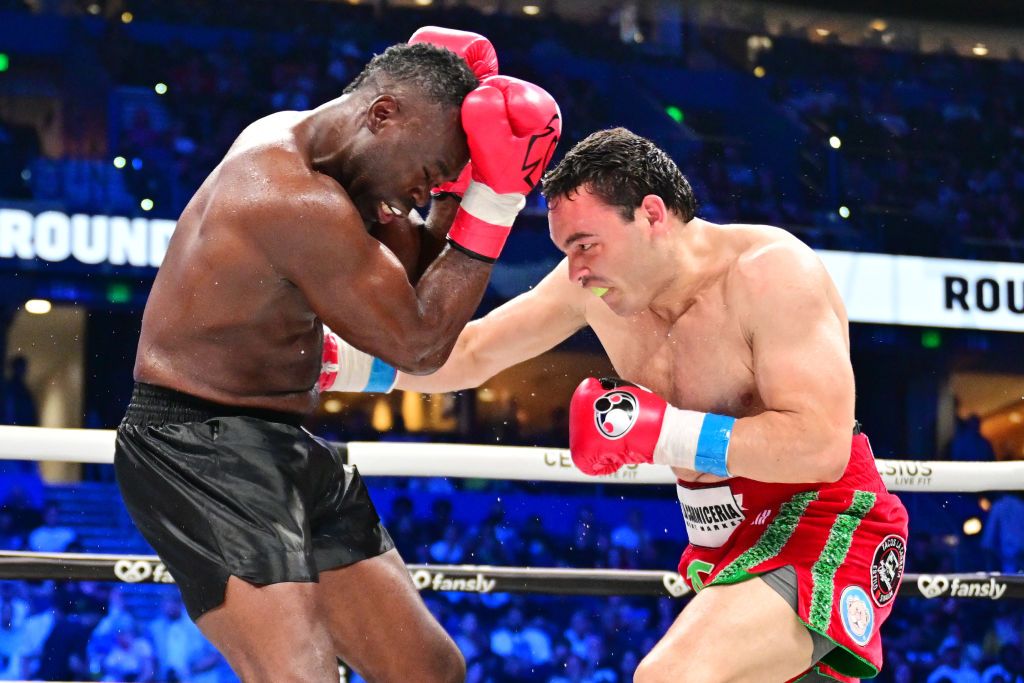 Julio Cesar Chavez Jr punches Uriah Hall during their cruiserweight fight at Amalie Arena on July 20, 2024, in Tampa, Florida. 