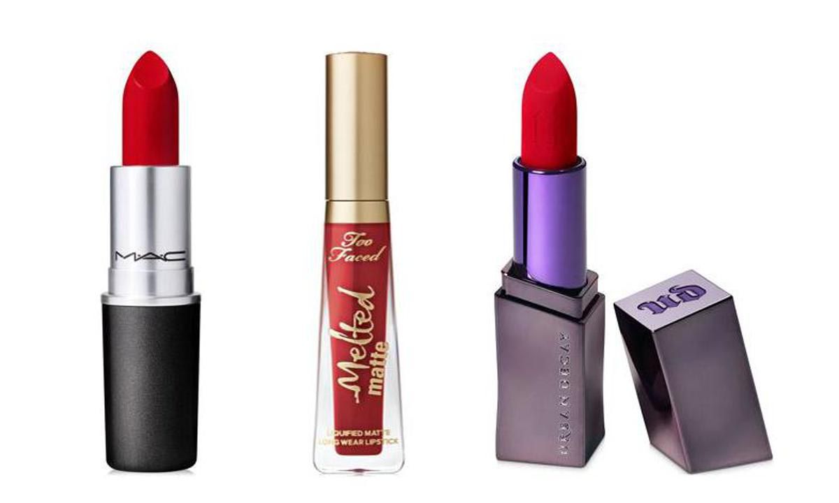  (left to right) MAC Retro Matte Lipstick, TOO FACED Melted Matte Longwearing Diffused Finish Liquid Lipstick, URBAN DECAY Vice Hydrating Lipstick 