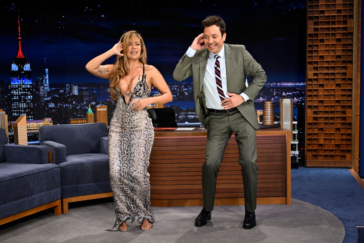 Singer Karol G during an interview with host Jimmy Fallon on Thursday, June 26, 2025 -- (Photo by: Todd Owyoung/NBC via Getty Images)