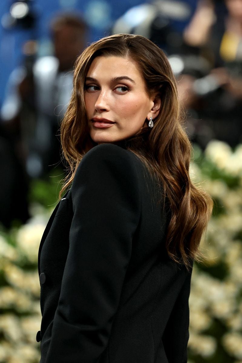 Hailey Bieber attends the 2025 Met Gala Celebrating "Superfine: Tailoring Black Style" at Metropolitan Museum of Art on May 05, 2025 in New York City.  (Photo by Jamie McCarthy/Getty Images)