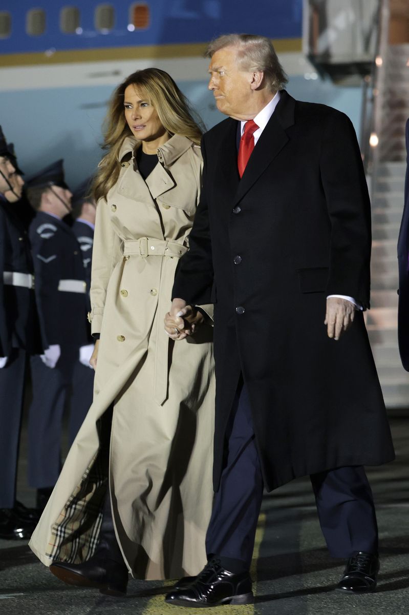 President Donald Trump and First Lady Melania Trump exit Air Force One after arriving at London Stansted Airport for a state visit on September 16, 2025 in Stansted, Essex. 